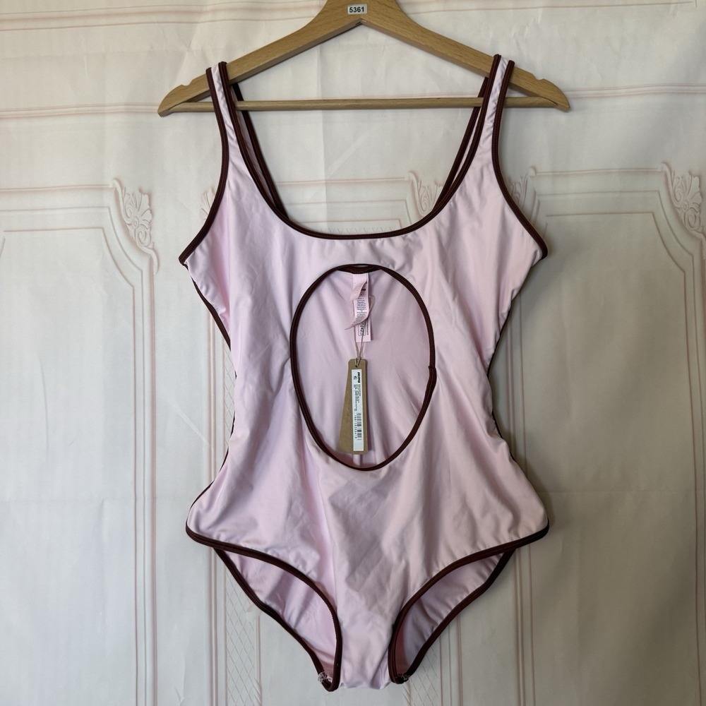 SKIMS Signature Swim Cut Out Front One Piece Cherry Blossom Contrast Sz L NWT